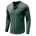 Detailed view of a green slim fit cotton men's long sleeve Henley shirt with chest pocket - S / Tops / Green
