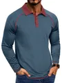 T-shirt Polo homme à manches longues bleu poussière avec col et détails bordeaux contrastés - Bleu