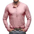 Men's long sleeve slub cotton Henley shirt in dusty rose finish for autumn casual wear. - Pink