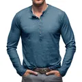 Men's long sleeve Henley slub cotton T-shirt in textured blue fabric with button collar - Denim Blue