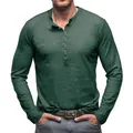 Professional men's dark green long sleeve slub cotton Henley shirt with button chest placket - Dark Green