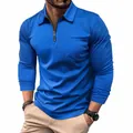Macro view of men's royal blue long sleeve polo shirt with half zipper and pocket - S / Tops / Blue