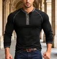 Men's black long-sleeve Henley shirt with grey button placket detail and slim fit. - S / Tops / Black