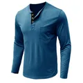 Detail view of men's slim fit blue long sleeve Henley T-shirt with chest pocket design - S / Tops / Blue