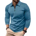 Detail shot of men's slim fit long sleeve polo shirt with zipper collar and chest pocket - S / Tops / Light Blue