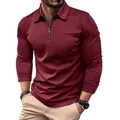 Men's slim fit long sleeve polo shirt with zippered collar and chest pocket in wine red - S / Tops / Burgundy