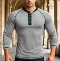 Men's slim-fit long sleeve Henley shirt featuring contrast green stitching details - Gray
