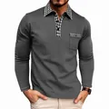 Grey men's long-sleeve polo shirt with checkered collar detail for business casual - S / Tops / Dark Gray
