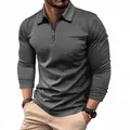 Close-up of a men's slim-fit grey long-sleeved polo shirt with quarter-zip and pocket. - S / Tops / Gray