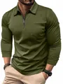 Detailed view of olive green men's long-sleeve polo shirt with quarter-zip and pocket - S / Tops / Army Green
