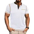 Close-up of men's white short-sleeved Henley shirt with contrast collar and stitching - S / Tops / White