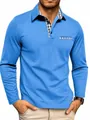 Premium men's blue long-sleeved polo shirt with plaid collar and pocket detail - Sky Blue