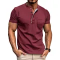 Camiseta Henley de manga corta rojo vino para hombre con bolsillo en el pecho - S / Tops / Burdeos