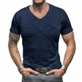 Detail view of men's navy blue v-neck t-shirt in breathable slub cotton fabric - Sapphire Blue