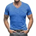 Detailed view of men's bright blue v-neck t-shirt in textured slub cotton fabric - Blue