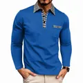 Men's blue long-sleeved polo shirt with checkered collar detail and front pocket - S / Tops / Blue