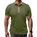 Detailansicht eines herren Poloshirts in Olivgrün mit khakifarbenem Kontrastkragen-Design - Armeegrün