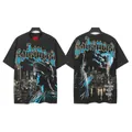 Vintage washed black T-shirt with blue Statue of Liberty graphic print front and back - S / Tops / 6105 Washed Black
