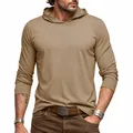 Detailed view of men's khaki long-sleeve hooded T-shirt made of breathable cotton fabric - S / Tops / Khaki