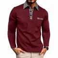 Men's burgundy long sleeve polo shirt with a checkered collar design and pocket - S / Tops / Burgundy