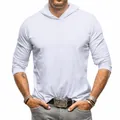 Front view of a men's basic solid color long-sleeve hooded T-shirt in light gray soft cotton - S / Tops / White