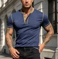 Slim fit athletic short-sleeved Henley shirt in blue with contrast tan collar and trim - Sapphire Blue