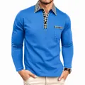 Polo professionnel à manches longues pour hommes en bleu avec col et poche à carreaux élégants - Bleu ciel
