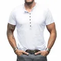 Classic white slub cotton men's Henley shirt with short sleeves and buttoned placket. - S / Tops / White
