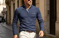 Navy blue long sleeve polo shirt with plaid collar and pocket detail - S / Tops / Sapphire Blue