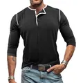 Men's black long-sleeve Henley shirt featuring white contrast piping and a three-button neck - S / Tops / Black