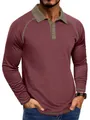 Men's maroon raglan long sleeve polo shirt with contrast olive collar and piping details - S / Tops / Burgundy