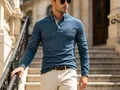 Men's long-sleeved polo shirt with checkered inner placket in casual business style - S / Tops / Teal