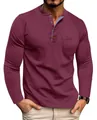 Heren Henley shirt met lange mouwen in kastanjebruin met contrastbies en borstzakje - S / Tops / Bordeauxrood
