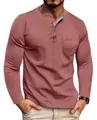 Men's long-sleeved Henley shirt in dusty rose color with chest pocket and contrast blue trim - Maroon