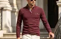 Premium men's burgundy long-sleeve polo shirt featuring a stylish plaid collar trim - Burgundy