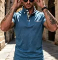 Polo casual da uomo blu con colletto e tasca a quadri, ideale per l'estate - Taglia S / Top / Blu