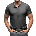 Premium men's casual short-sleeved Henley shirt in dark grey slub cotton fabric - Dark Gray