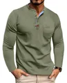 Men's army green long sleeve Henley shirt with contrast collar and chest pocket - Army Green