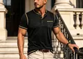 Men's dark grey short sleeve Henley T-shirt with stylish gold contrast stitching detail - S / Tops / Black