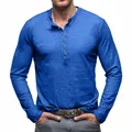 Royal blue long sleeve Henley shirt for men made of breathable slub cotton material - Blue