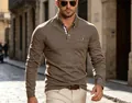 Men's taupe long sleeve polo shirt with elegant plaid collar lining and pocket trim - Coffee