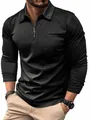 Men's black long-sleeve slim fit polo shirt with a stylish zipper collar and chest pocket - S / Tops / Black
