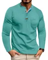 Premium men's long-sleeve Henley t-shirt in teal featuring contrast collar trim - Lake Green