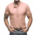 Men's casual slub cotton Henley T-shirt in light peach, featuring a classic stand collar - Pink