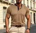 Men's short-sleeved Henley shirt in light brown with contrasting black collar - S / Tops / Dark Khaki