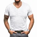 T-shirt décontracté pour homme en coton flammé gris avec col en V classique et ajusté - S / Hauts / Blanc