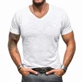 Heren casual grijs slub katoen T-shirt met V-hals en korte mouwen, klassieke slim fit - S / Tops / Wit