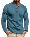 Men's casual long sleeve Henley t-shirt with chest pocket in dusty blue, slim fit design - Blue