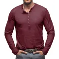 Premium men's long-sleeve slub cotton Henley shirt in a rich maroon color variant - Burgundy