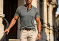 Grey short-sleeved men's Henley shirt featuring contrast yellow stitching and a front pocket - S / Tops / Gray